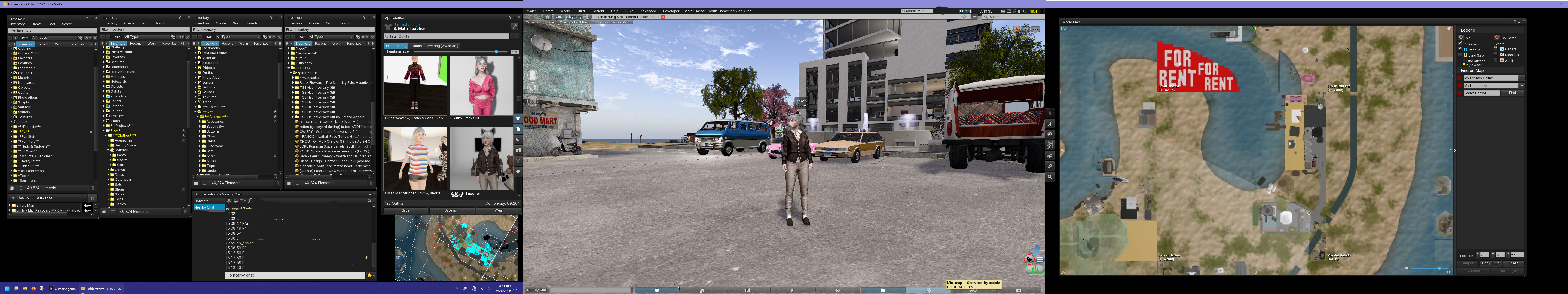 Folderstorm across three monitors: inventory and outfits on the left, the Second Life world in the center, and the world map on the right